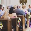 church pew ends wedding purple yellow